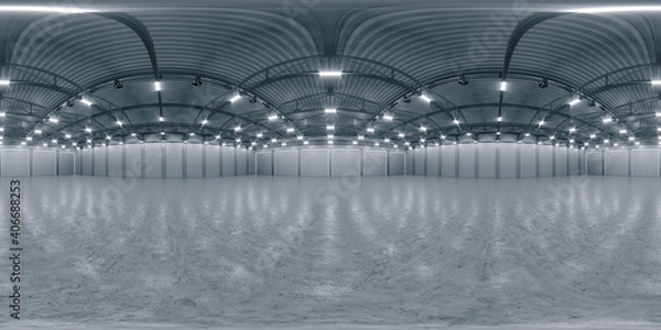 Fototapeta Full spherical hdri panorama 360 degrees of empty exhibition space. backdrop for exhibitions and events. Tile floor. Marketing mock up. 3D render illustration
