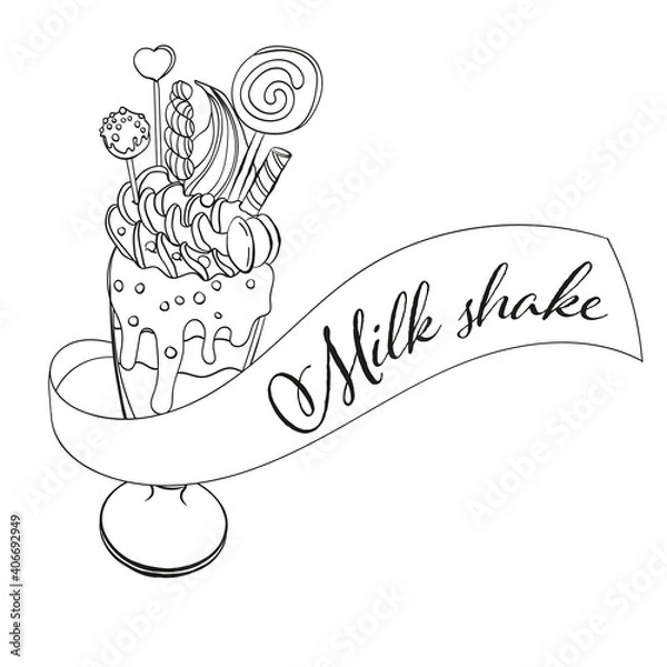 Fototapeta Vector sketch milkshake with sweets macarons ice cream