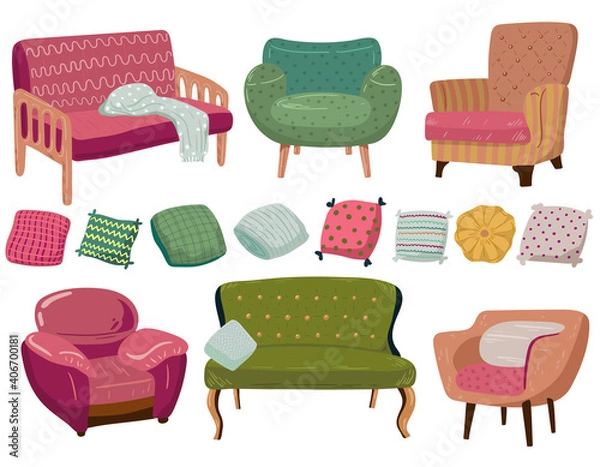 Obraz Stay at home. Set of stylish scandinavian apartment design elements for self-isolation during quarantine and other use. Cozy sofa, pillows, armchairs. Flat vector cartoon illustration
