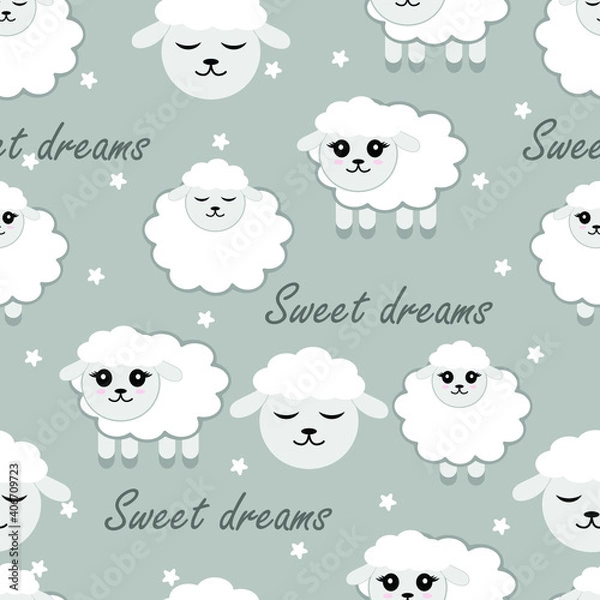Fototapeta flat vector pattern of Little lamb with clouds. cute pattern with air bras for children's party, textiles and cards