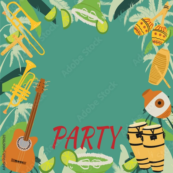 Fototapeta Template with guitar, cuban tres and conga drums, maracas, guiro, palm leaves and hibiscus flowers. Design for card, flyer, invitation or banner. with space for text.