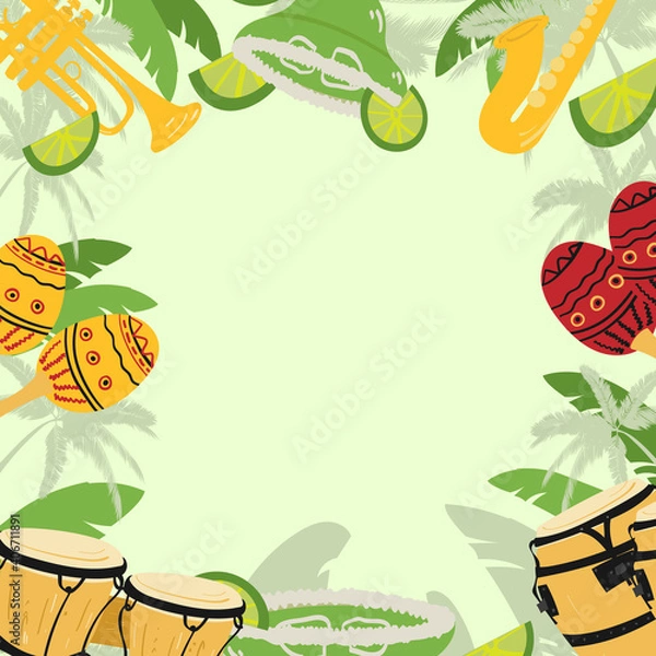 Fototapeta Template with guitar, cuban tres and conga drums, maracas, guiro, palm leaves and hibiscus flowers. Design for card, flyer, invitation or banner. with space for text.