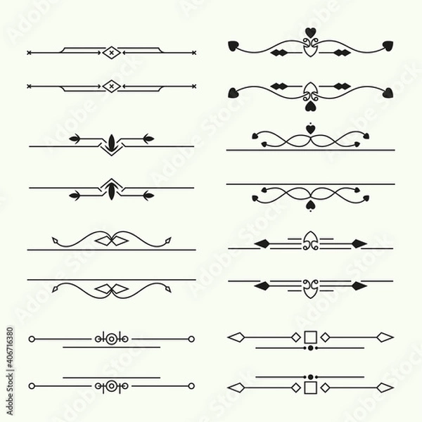 Fototapeta Text frame thin line icons. Vintage design border ornament with heart.. Dividers vector set isolated.