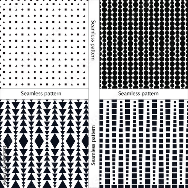 Fototapeta Set of seamless patterns with black geometric shapes on a white background.