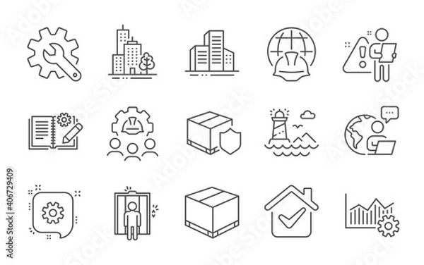 Obraz Global engineering, Delivery box and Lighthouse line icons set. Cogwheel, Buildings and Engineering documentation signs. Line icons set. Vector