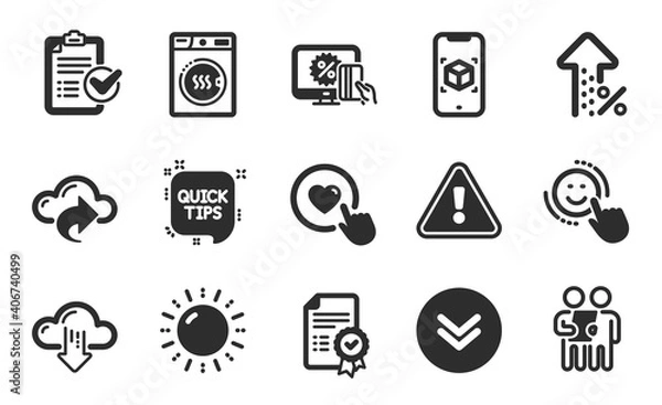 Fototapeta Certificate, Augmented reality and Dryer machine icons simple set. Scroll down, Quick tips and Sun energy signs. Cloud share, Like button and Survey symbols. Flat icons set. Vector