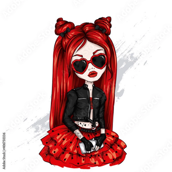 Obraz A beautiful girl in a stylish jacket, skirt and glasses with hearts. Illustration for a postcard or a print on clothes. Fashion and style, accessories.