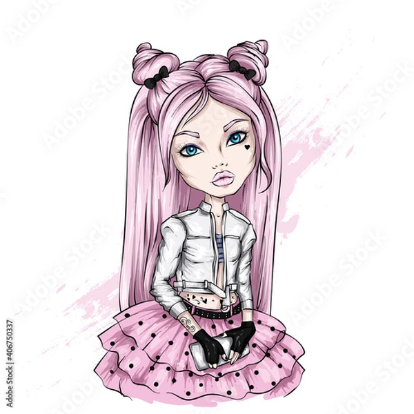Obraz Beautiful girl in a stylish jacket, skirt and crown. Illustration for a postcard or a print on clothes. Fashion and style, accessories.