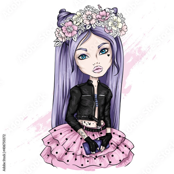 Obraz Beautiful girl in a stylish jacket, skirt and wreath. Illustration for a postcard or a print on clothes. Fashion and style, accessories.