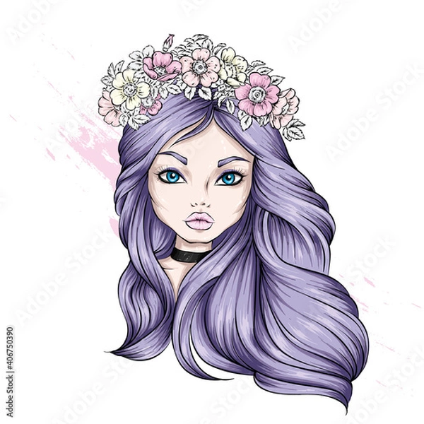 Obraz Beautiful girl in a wreath. Fashion, style, clothing and accessories. Vector illustration for a postcard, print on a poster.