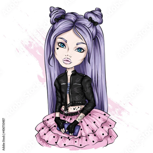 Obraz Beautiful girl in a stylish jacket and skirt. Illustration for a postcard or a print on clothes. Fashion and style, accessories.
