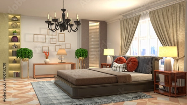 Fototapeta Bedroom interior. Bed. 3d illustration