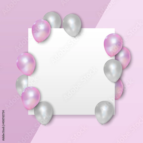 Fototapeta Pink and white balloons on empty wihite background, vector illustration