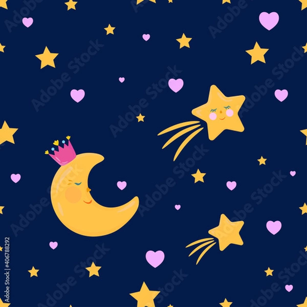 Fototapeta Cute cartoon seamless pattern with sleeping moon and shooting stars. Good night texture. Kids design on dark blue and transparent background.