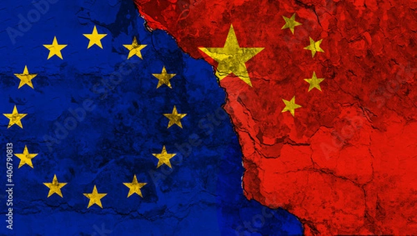 Fototapeta Concept of the Relationship with Flags of the Peoples Republic of China and the European Union on a Wall