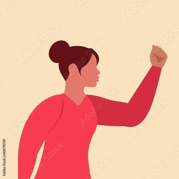 Fototapeta Emotions, anger, rage. Young angry girl with raised fist, teen character threatening fist with rage and aggression. Illustration of a negative facial expression