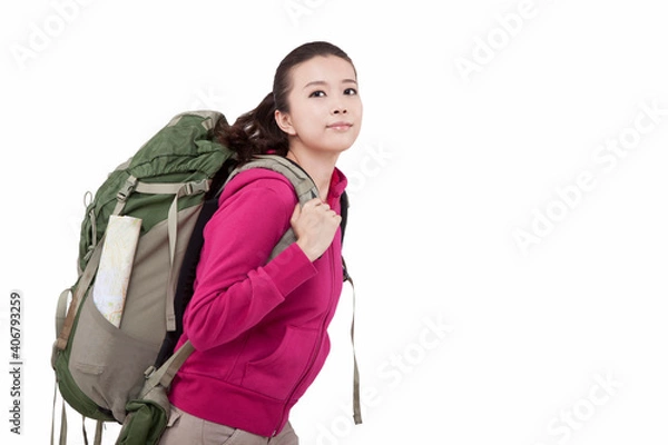 Obraz Portrait of a young female carrying backpacker 