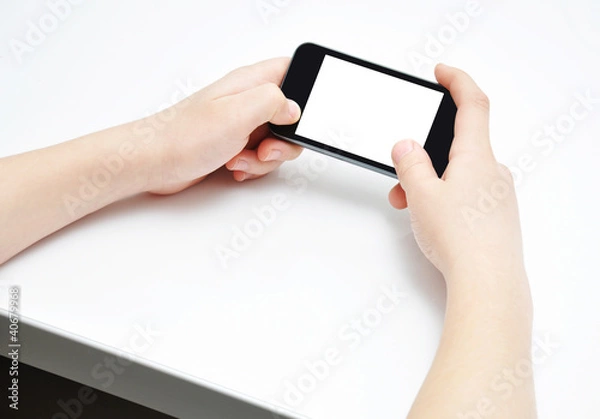 Obraz Two hands with smartphone on white table