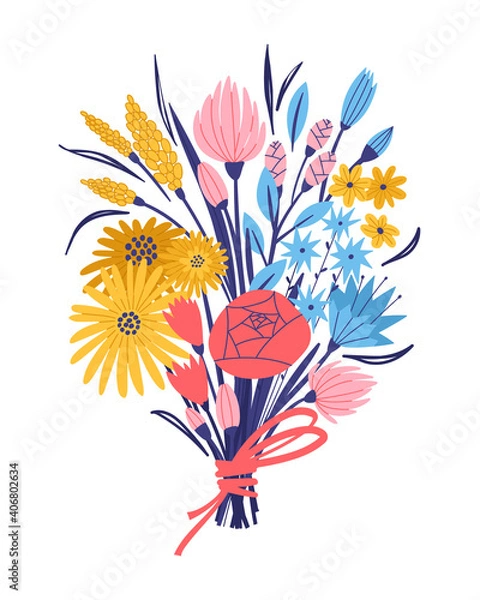 Fototapeta Bouquet illustration: tulip, rose, lilies of the valley, сalendula, aster and other different flowers. Hand drawn vector illustration in doodle style. For web and another print design.