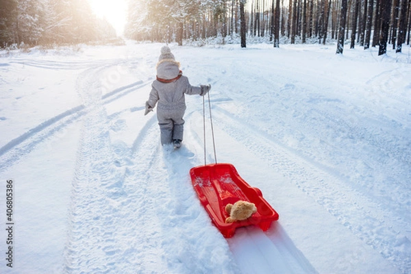 Fototapeta Rear view of a child pulling plastic sled through snowy forest.