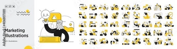Fototapeta Ilustracje marketingu biznesowego. Mega set. Zbiór scen z mężczyznami i kobietami biorącymi udział w działalności gospodarczej. Modny styl wektorowy