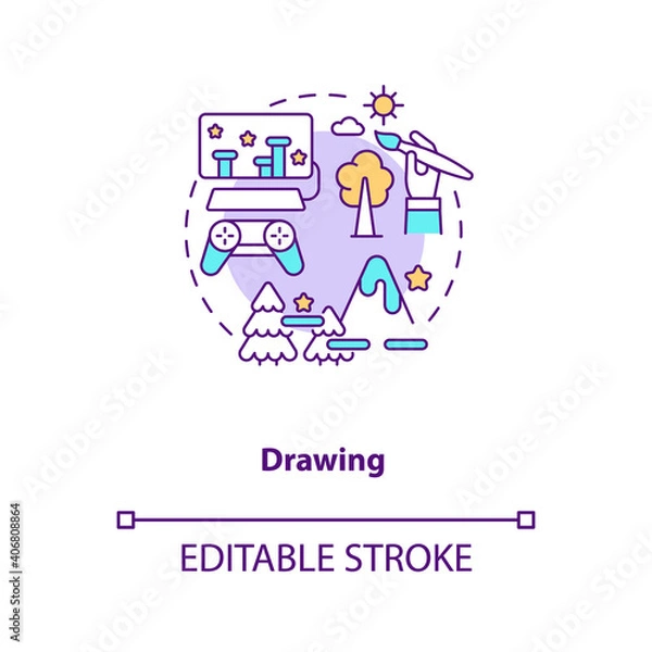 Fototapeta Drawing concept icon. Game designer skills. Creating very beautiful characters for your story. Development idea thin line illustration. Vector isolated outline RGB color drawing. Editable stroke