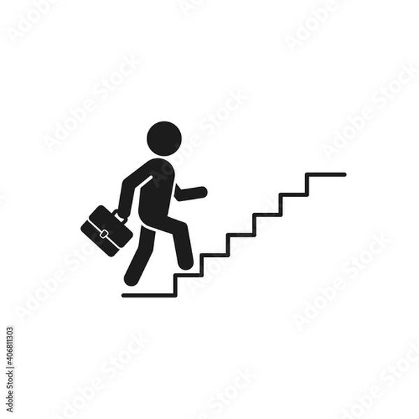 Fototapeta Businessman with suitcase climbing the stairs icon, Business success concept. Flat style vector illustration
