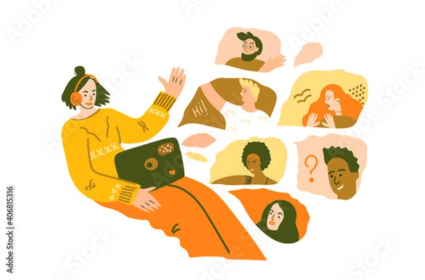 Obraz Online conference creative concept. Video conference, web chat, online meeting. Freinds meeting online. Vector flat illustration for designers templates.