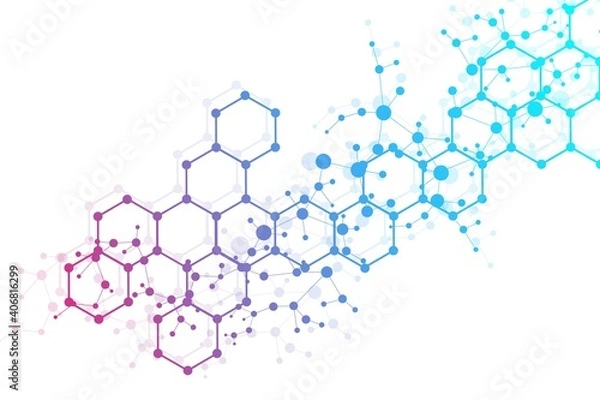 Fototapeta Science network pattern, connecting lines and dots. Technology hexagons structure or molecular connect elements.