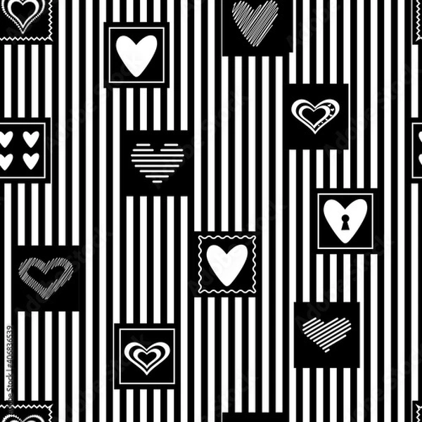 Fototapeta Seamless vector pattern. On a striped background, black squares with different hearts.
