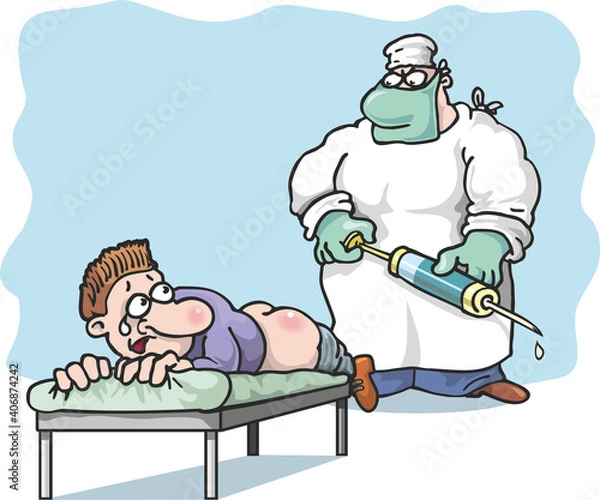 Fototapeta The doctor holds an injection with a vaccine in his hands, the patient is lying on the couch, afraid. Prevention and treatment of influenza and coronavirus. Flat infographics. Vector illustration