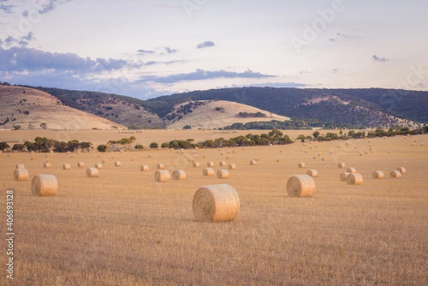 Obraz Australian Countryside landscape Hay Rolls in the farm field at sunset
