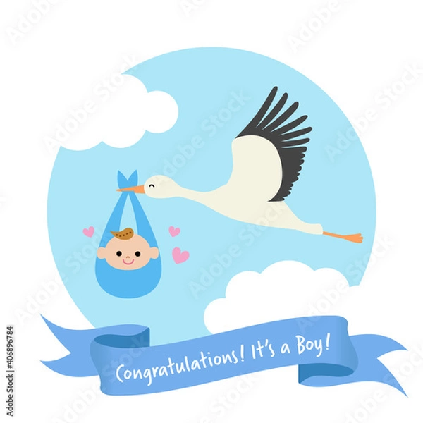 Obraz 男の子の赤ちゃんを運ぶコウノトリ