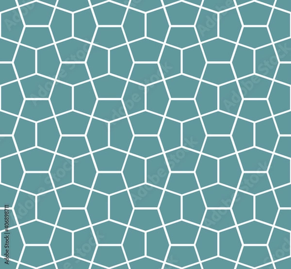Fototapeta White outline overlapping pentagon tessellation repeat pattern on a blue-gray background, geometric vector illustration