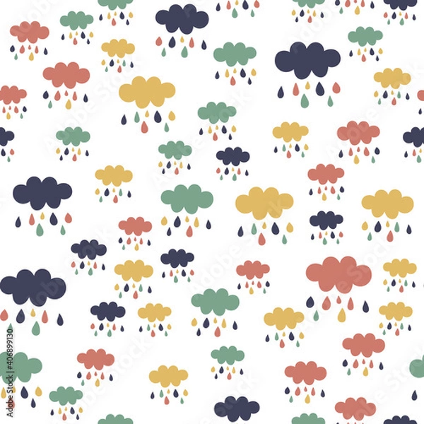 Fototapeta Vector seamless pattern with hand drawn cloud, drops on white background