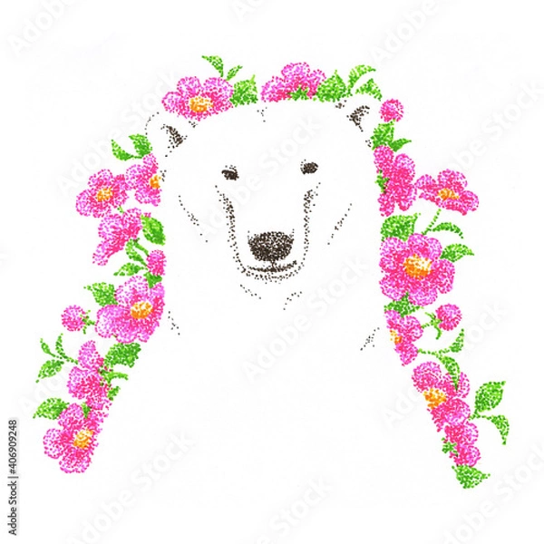 Fototapeta 花を背景にしたホッキョクグマの点描画