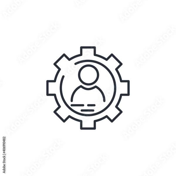 Fototapeta Man and gear. Technical expert. Vector linear icon isolated on white background.
