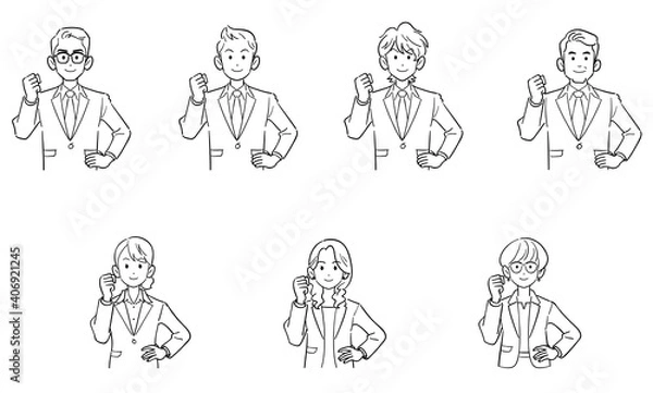 Obraz ガッツポーズするビジネスマンとビジネスウーマンの上半身のセット　線画
