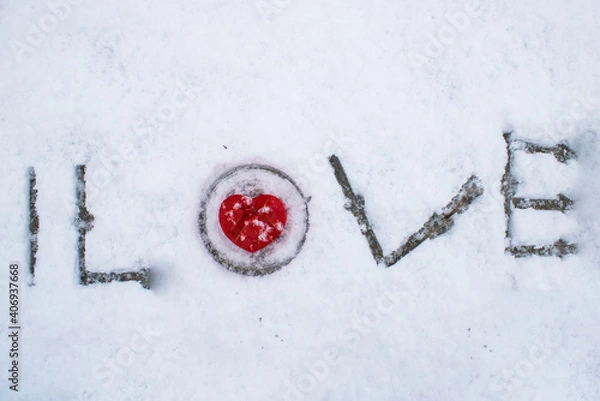 Fototapeta Valentine's day, heart box on the snow shape, heart gift box shape Valentine's Day and snow together!