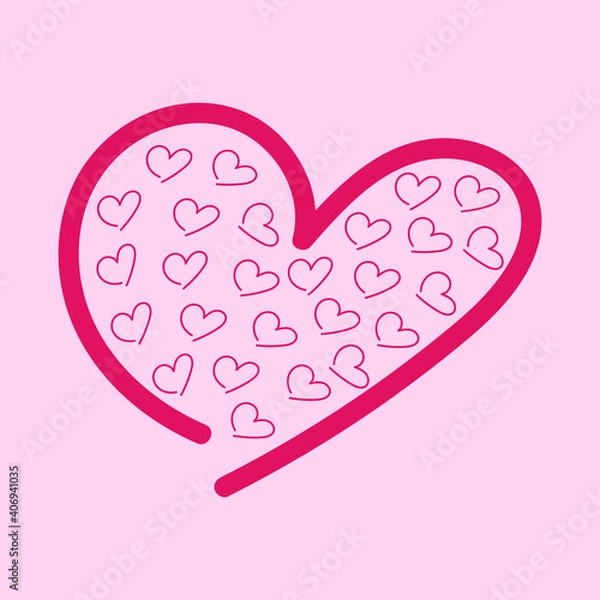 Fototapeta Vector doodle illustration with creative pink hearts for Valentine's Day, wedding, dating on a light pink background. Design element for postcard, wallpaper, wrapping paper, print, textile, poster.
