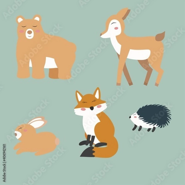 Fototapeta Vector illustration of forest animals. Animals fox deer bear rabbit hedgehog isolated on white background