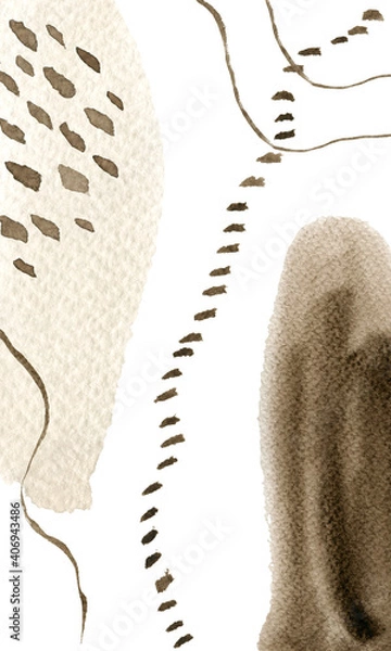 Fototapeta Watercolor abstract hand drawn illustration with sepia and umbra textured shapes, lines and dots. Sepia and umbra picture on the white background, portrait orientation.