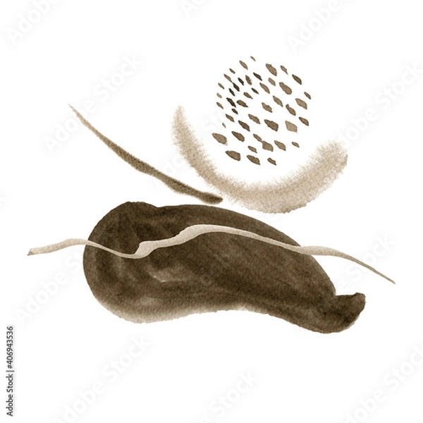Fototapeta Watercolor abstract hand drawn illustration with sepia textured shape, flakes, lines and dots. An abstract square picture with a white background.