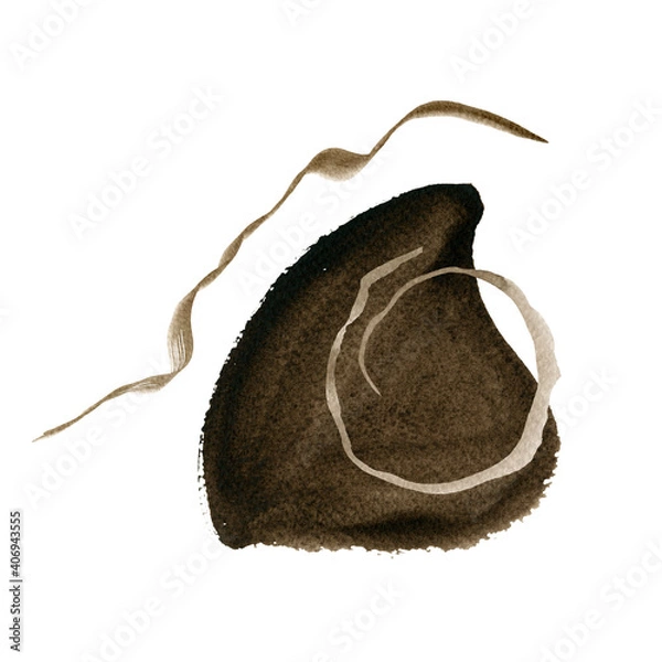 Fototapeta Watercolor abstract hand drawn illustration with sepia textured shape, flake and circle. An abstract square picture with a white background