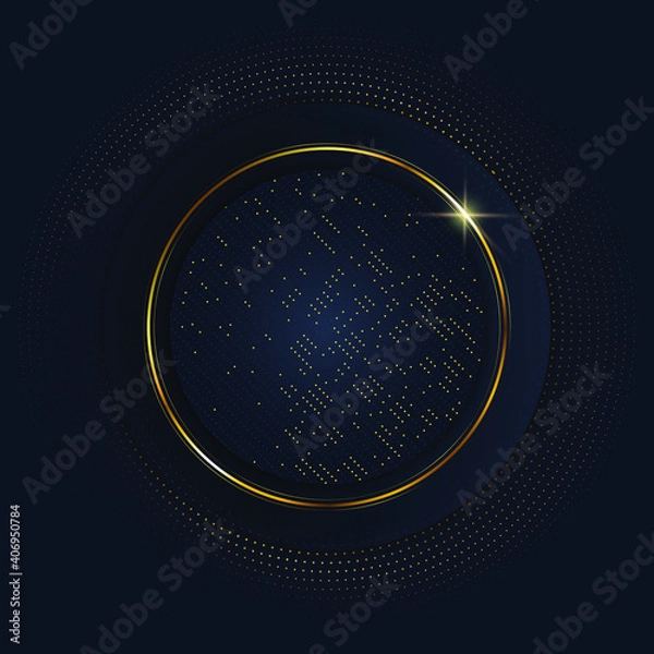 Obraz Luxury elegant background with gold circle element and dots particle on dark surface. Vector design template for use element event frame, cover, banner, corporate advertising