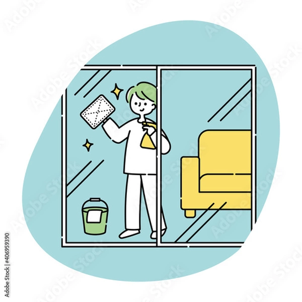 Obraz 窓拭きをする男性