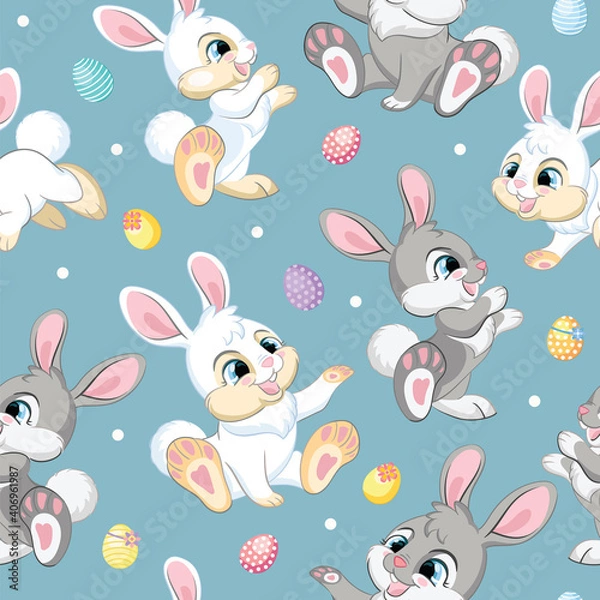 Fototapeta Seamless pattern easter rabbits on blue background