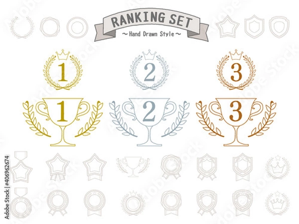 Fototapeta サインペン風手描きのランキング素材セット。月桂冠付きトロフィー