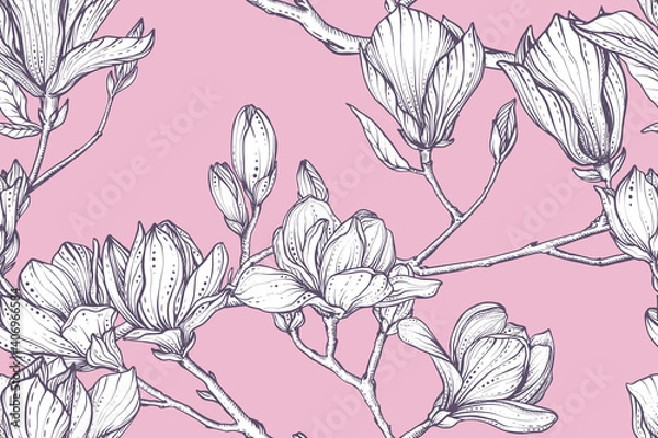 Fototapeta Vector floral seamless pattern of magnolia branches. Romantic elegant endless background