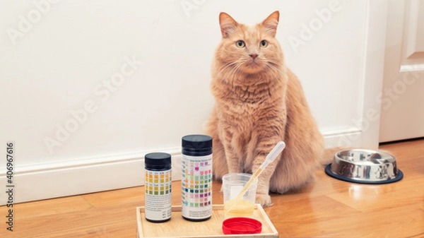 Fototapeta Feline urinalysis. Vets urine reagent strips for urinary tract health monitoring. Cat sitting near specimen cup and impermeable pearl litter for urine test. Prevention of urinary infections in cats.